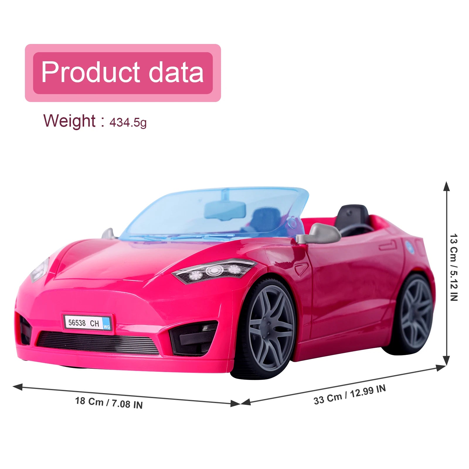 Doll Accessories Toy Car Playset Bright Pink Doll-Sized Convertible with 2 Seats Seatbelts & Rolling Wheels Realistic Details.