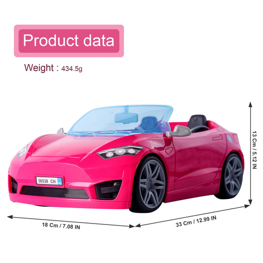 Doll Accessories Toy Car Playset Bright Pink Doll-Sized Convertible with 2 Seats Seatbelts & Rolling Wheels Realistic Details.
