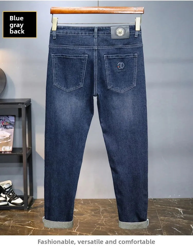 Zerrissene, reguläre, schmale Passform, gerade Jeans, bequem, lässig, Herbstmode, Denim-Hose, klassische, dünne Vintage-Unisex-Herren-Stretchhose.