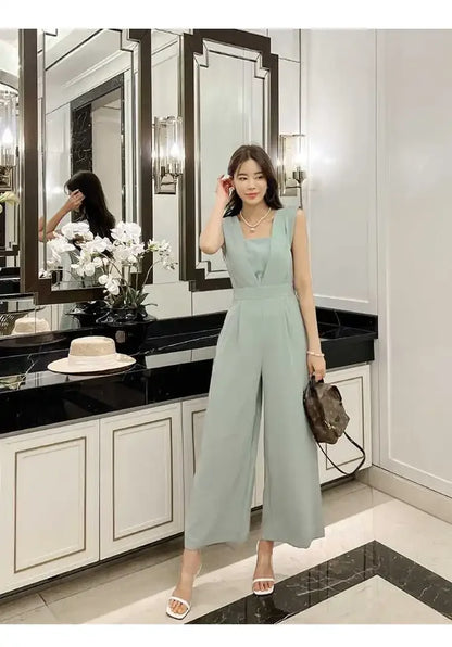 Slimming High Waist Wide Leg Pants Korean Style Fashionable Women's One-Piece Jumpsuit Summer New Arrival Simple Elegant
