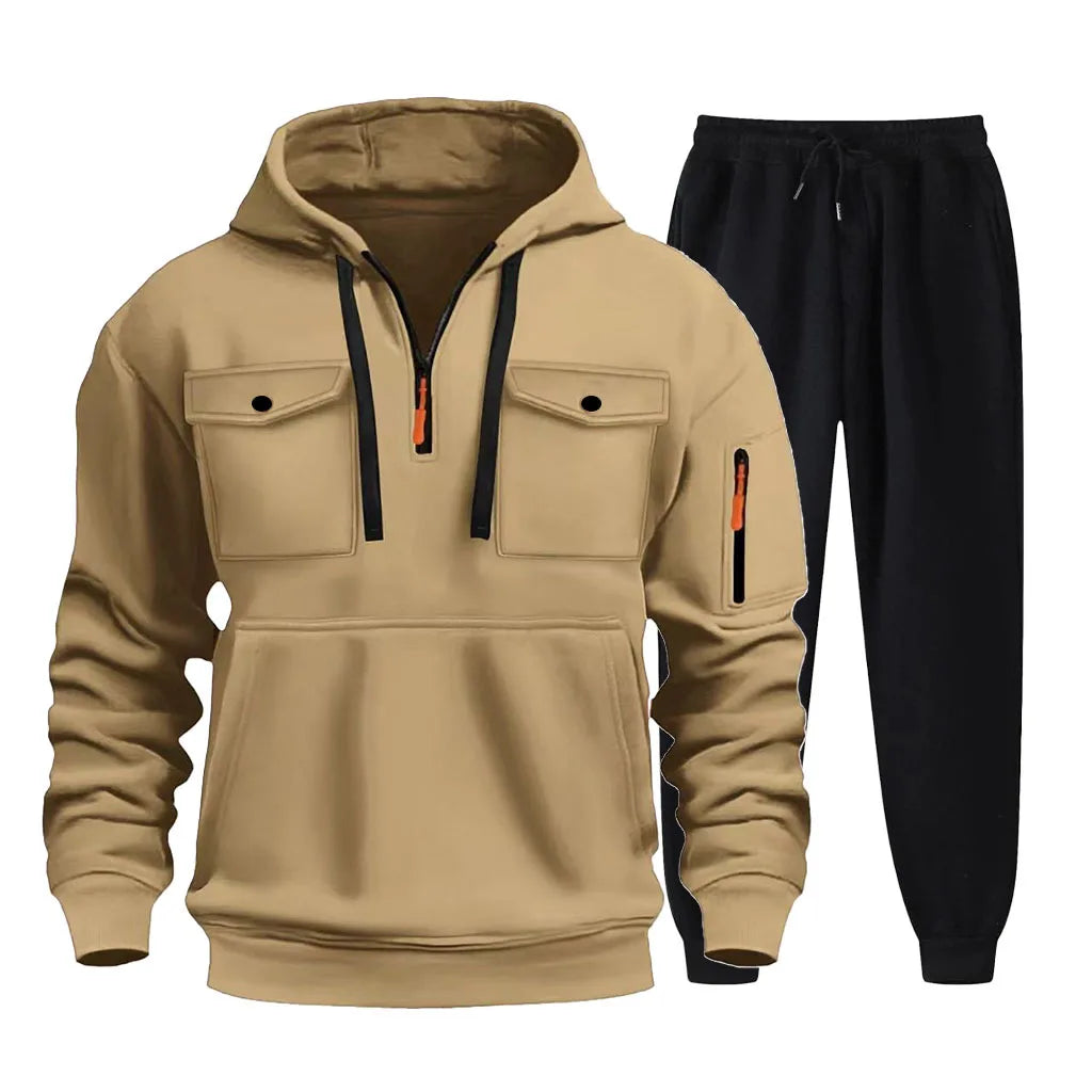 2025 new autumn/winter men's multi pocket zipper hooded sweatshirt+sports pants two-piece jogging and leisure fitness suit set.