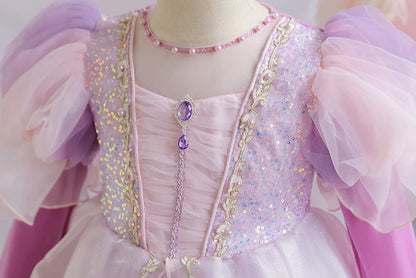 Wunderschönes Mädchenkleid, Puffärmel + lange Ärmel, Netzbedeckung, geeignet für Tänze, Partys, Auftritte, Host-Verkleidung.