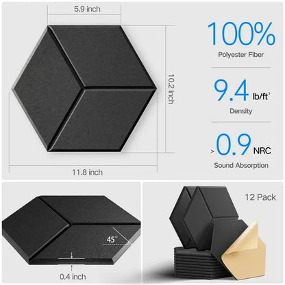 36/24/12pcs Hexagonal Self-adhesive Acoustic Panels Sound Proof Foam Panels Y-Lined Design To Absorb Noise Eliminate Echoes
