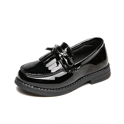 Girls Casual Leather Shoes Kids Flats Tassels with Bow-knot British Style Soft Slip-on Loafers for Wedding Party Bright Skin New.