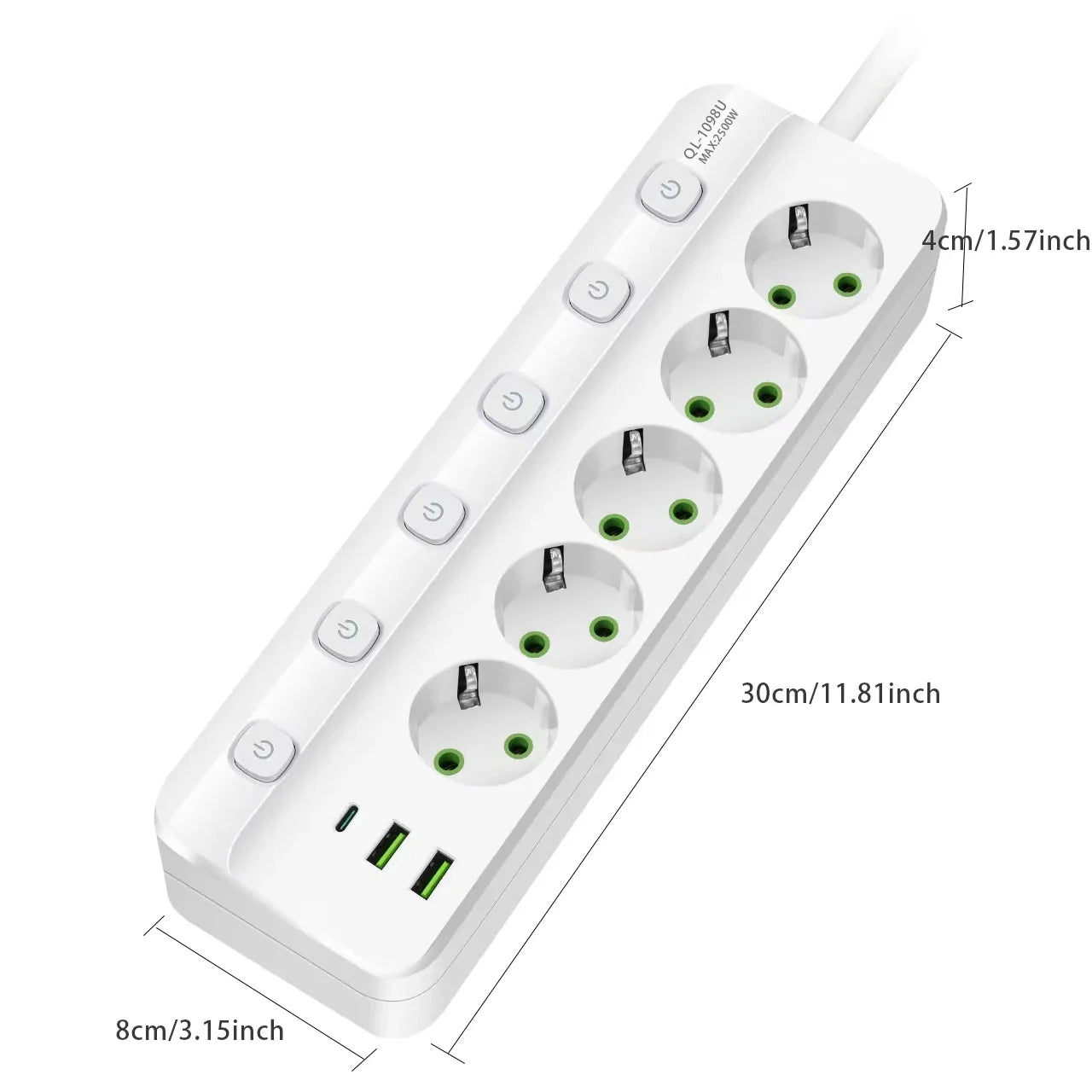 EU-Stecker-Steckdosenleiste, 2/3/4/5 Positionen, unabhängige Steuersteckdose mit 2 USB-Anschlüssen, 1 Typ-C-Anschlüsse, 2 m Verlängerungskabel, Steckdosen.