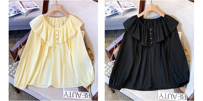 2025 French Large Size Long Sleeve O-neck Solid Color Loose Ruffle Shirt Ladies Spring Autumn Plus Size Blouses for Women.