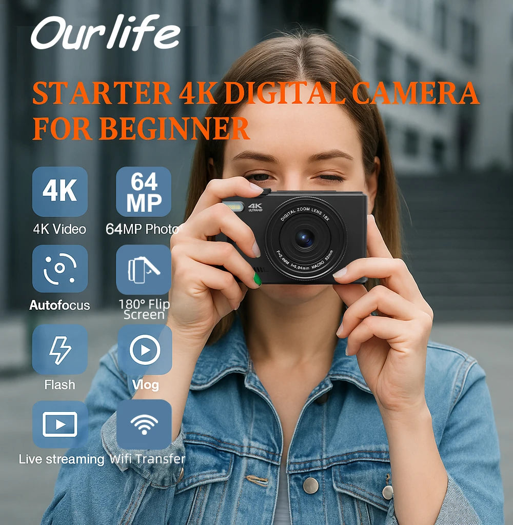 Ourlife AC600 Digital Camera 4K 64MP UHD Cameras 18X Digital Zoom 180° Flip Screen Vintage Vlogging Camera for YouTube Autofocus.
