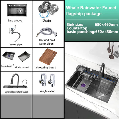Stainless Steel Waterfall Kitchen Sink New Embossed Extra Large Single Slot Modern Digital Display Dishwashing Basin