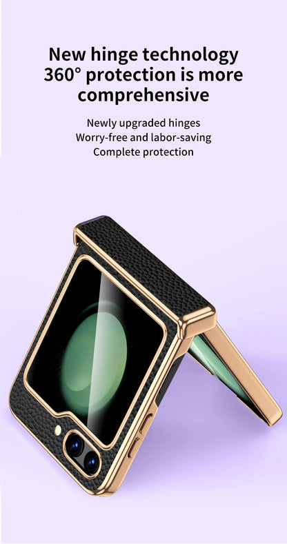 Cowhide Leather Phone Case for Samsung Galaxy Z Flip7 Flip6 Flip5 Flip 7 6 5 Luxury Hinge Protection Cover with Tempered Glass.