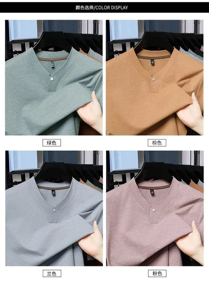 Men's T-shirt Classic V-Neck Short Sleeved Cotton Solid Button Super Soft High Quality L-4XL Casual Tshirt Design Men Tee Shirts.