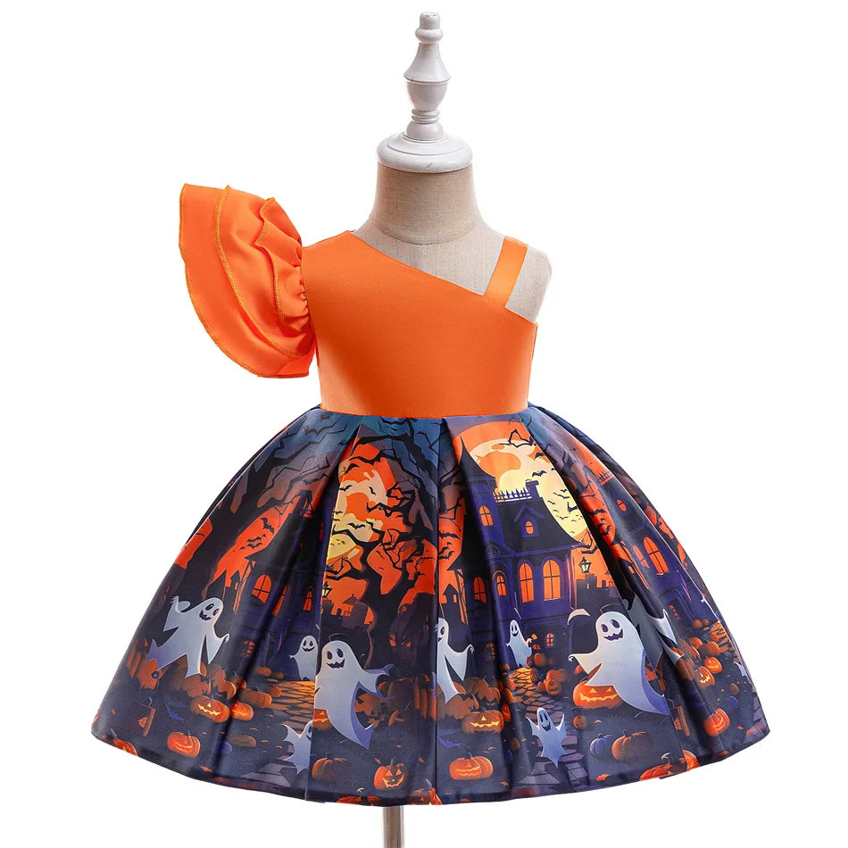 Kleinkind Halloween Kostüm Mädchen Cosplay Hexe Kürbis Skelett Druck Bowknot Kleid Kinder Festival Party Performance Kleidung.
