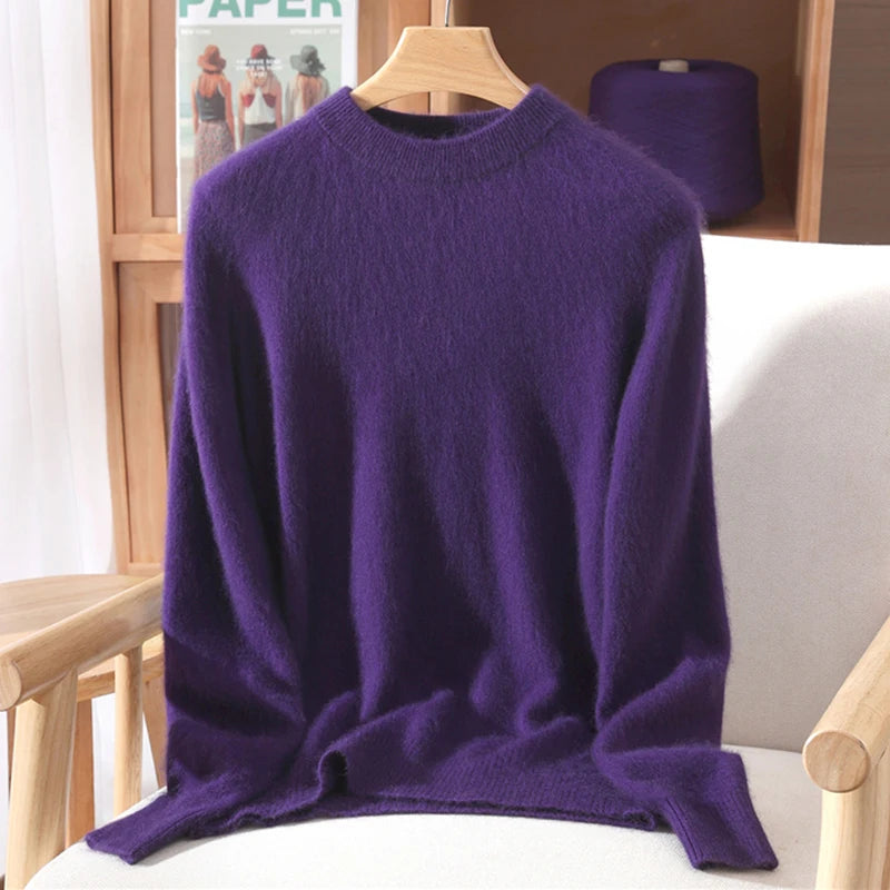 Women's Round-neck Mink Cashmere Sweater Soft Pullover Jumper Comfortable Knitted Top for Autumn Winter Pure Mink Material
