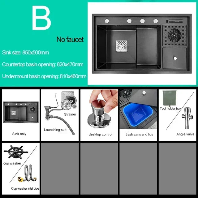 Nano Kitchen Sink Multi-Function Stepped Kitchen Sink 304 Stainless Steel Vegetable Washing Basin With High Pressure Cup Washer