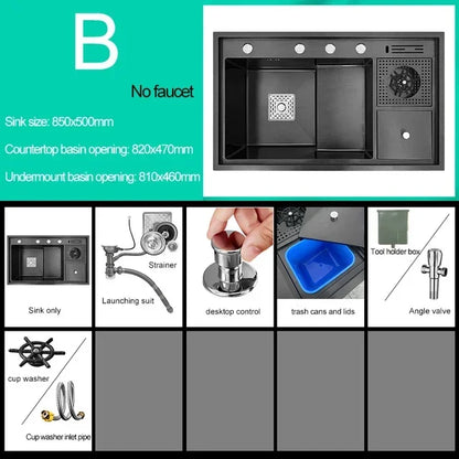 Nano Kitchen Sink Multi-Function Stepped Kitchen Sink 304 Stainless Steel Vegetable Washing Basin With High Pressure Cup Washer