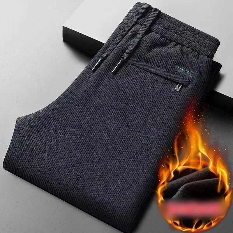 Black gray men's corduroy casual pants with drawstring, thick elastic business pants, mid waist brand winter warm pants.