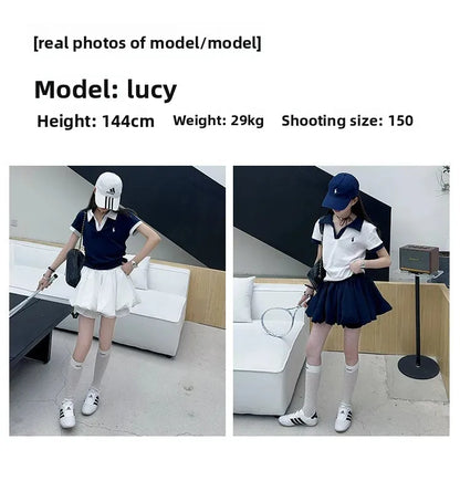 Girls Summer New Fashion Korean Style School Sports Short Sleeve T-Shirt And Bloomers Two-Piece Set White Floral Print Outfit.