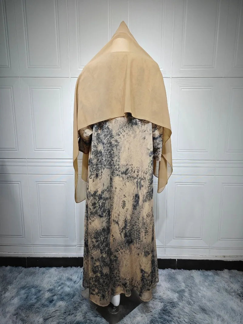 2025 sommer Arabisch Frauen Muslimische Kleidung Ramadan Dubai Offene Abaya Kleid mit Hijab Islam Gedruckt Chiffon 2 Stück Outfit