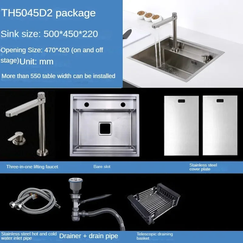 Hidden Stainless Steel Kitchen Sinks Modern Kitchen Accessories with Cover Kitchen Sink Dish Drainer Light Luxury Single Tank L