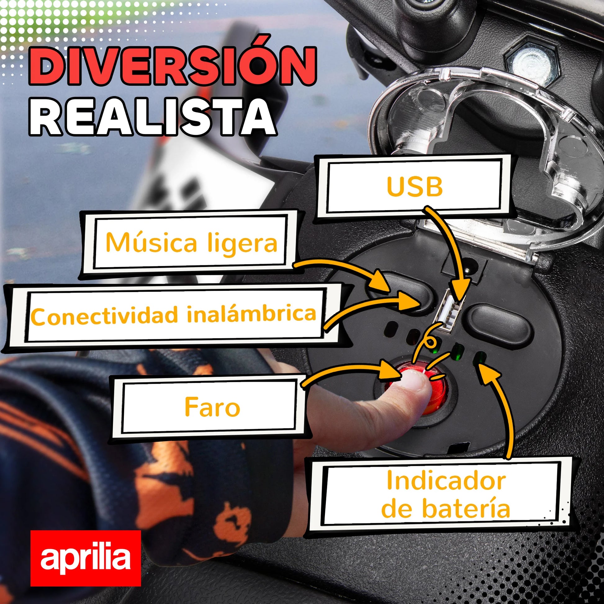 Aiyaplay Electric Motorcycle for Children 12V with Aprilia License, Children's Electric Motorcycle with Detachable Auxiliary Wheels, 6 Km/H, Rear Suspension, Headlight, Music and Usb, for Children 37-96 Months, Red.