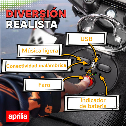 Aiyaplay Electric Motorcycle for Children 12V with Aprilia License, Children's Electric Motorcycle with Detachable Auxiliary Wheels, 6 Km/H, Rear Suspension, Headlight, Music and Usb, for Children 37-96 Months, Red.