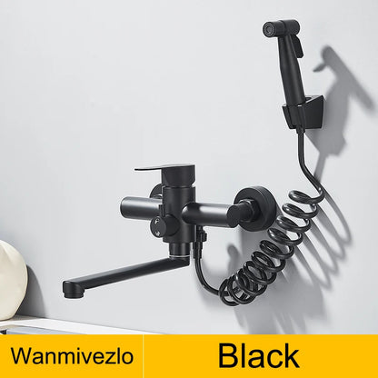 Kitchen Faucets Stainless Steel Wall Mounted Dual Hole Bathroom 360 Rotate Basin Faucet Cold Hot Water Mixer Taps With spray gun