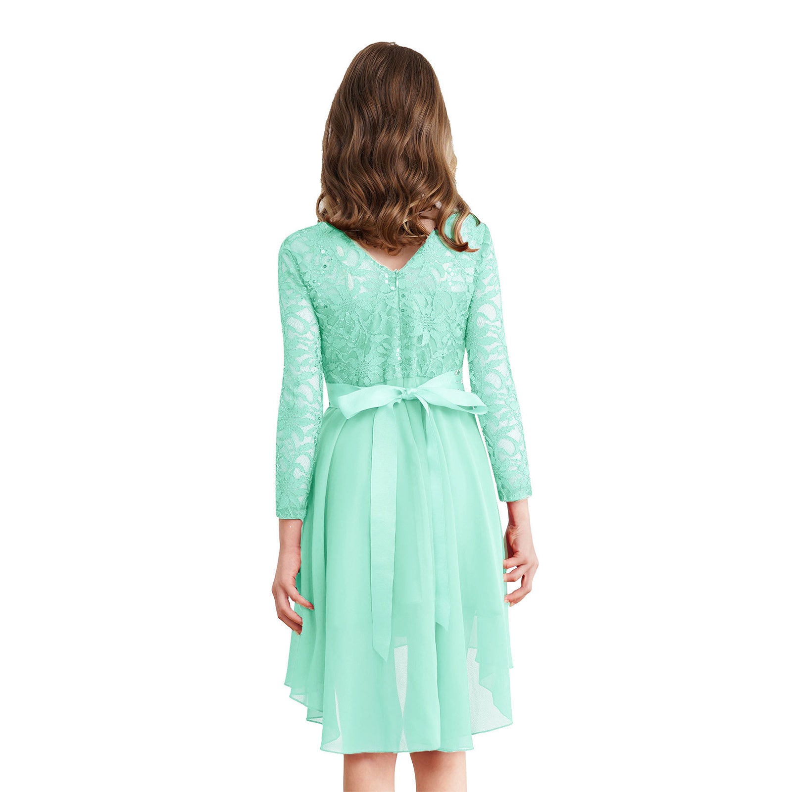 Elegantes Spitzen-Partykleid für Kinder, Mädchen, Chiffon, Spleißen, langärmelig, Kleid mit hohem und niedrigem Saum und Strass-Schärpe für Hochzeit, Geburtstag.