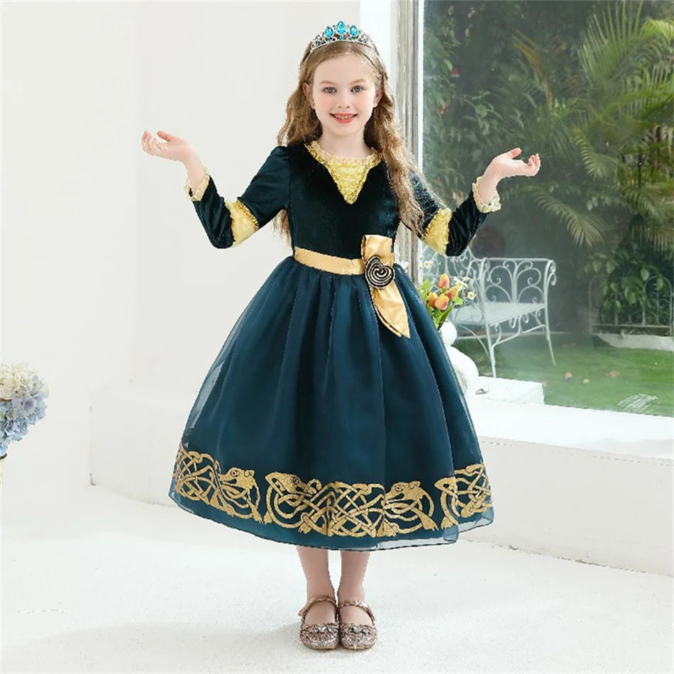 Girls Merida Cosplay Princess Dress Children Stage Performance Clothes Kids Halloween Carnival Party Long Sleeves Outfits.