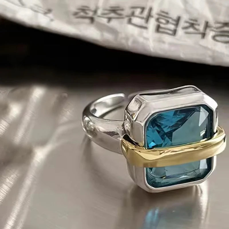 PANJBJ 925 Sterling Silver Geometry Crystal Ring For Women Ellipse Exaggerated Punk Water Drop Open Jewelry Gift Dropshipping