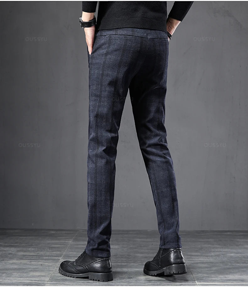 2025 New Spring Autumn England Plaid Work Stretch Pants Men Business Fashion Slim Grey Blue Casual Pant Male Brand Trousers 38.
