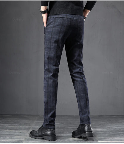 2025 New Spring Autumn England Plaid Work Stretch Pants Men Business Fashion Slim Grey Blue Casual Pant Male Brand Trousers 38.