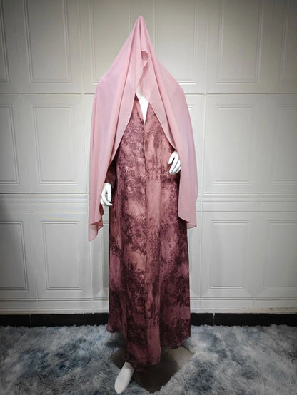 2025 sommer Arabisch Frauen Muslimische Kleidung Ramadan Dubai Offene Abaya Kleid mit Hijab Islam Gedruckt Chiffon 2 Stück Outfit