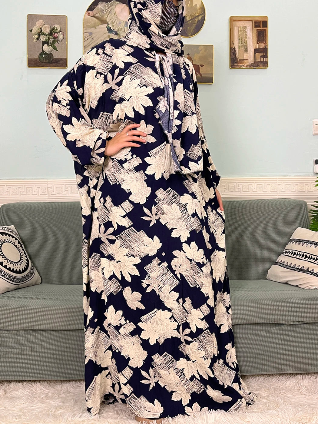 Muslim Cotton Abayas For Women Traditional Floral Ramadan Prayer Garment African Caftan Marocain Femme Robe Connected Headscarf