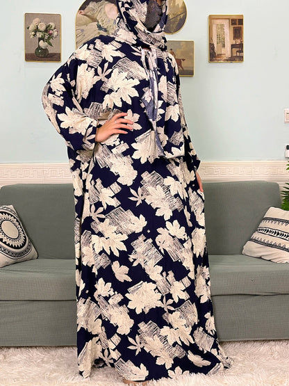 Muslim Cotton Abayas For Women Traditional Floral Ramadan Prayer Garment African Caftan Marocain Femme Robe Connected Headscarf