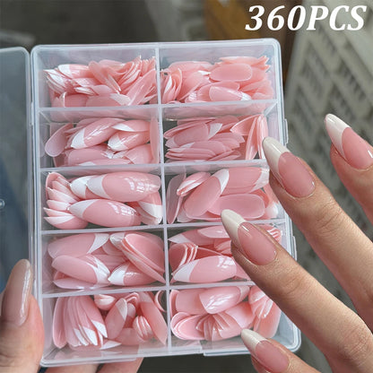 360/240/120pcs Light Pink Almond Press On Nails Glossy White French Fake Nail Simple Full Cover Fake Nails Soft Gel Nail Tips*%&.