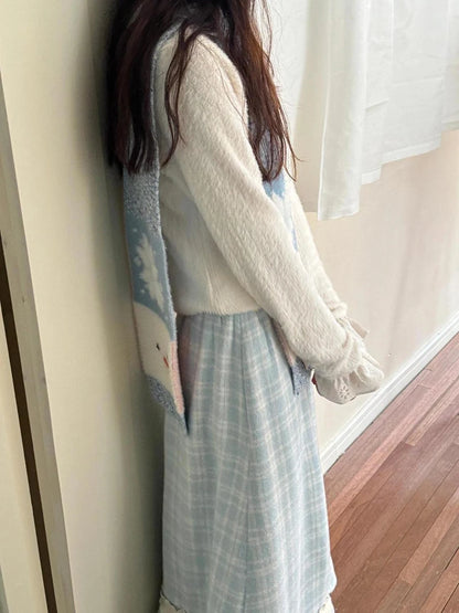 Japanese Sweet Long Skirt Women Fall Winter Blue Plaid Vintage Preppy Patchwork Skirts High Waist A Line Loose Casual Cute Skirt.