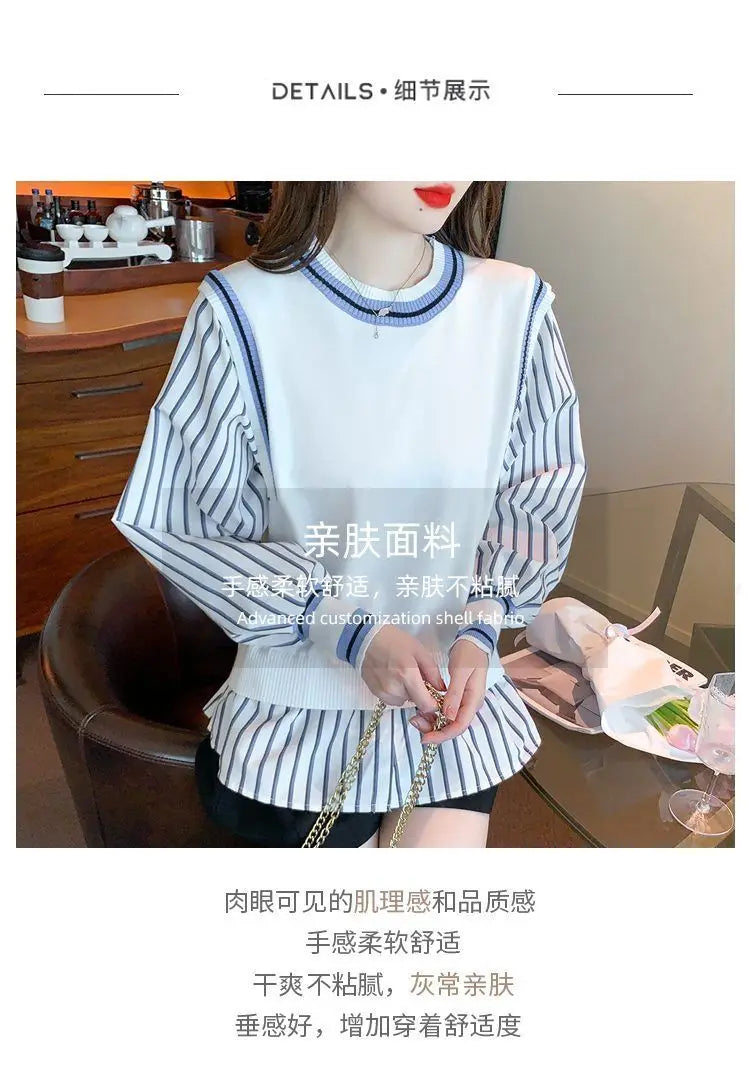 Autumn Preppy Style Patchwork O-neck Fake Two Pieces Top Tee Female Casual Striped Long Sleeve Sweatshirts Women Clothes Tshirt.