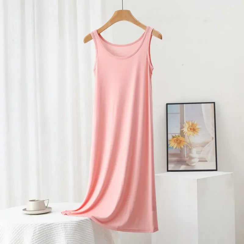 Plus Size Modal Langes Kleid Damen Frühling Sommer Lose A-Linie Bodenrock Home Nachtwäsche Ärmelloses Kleid in reiner Farbe.