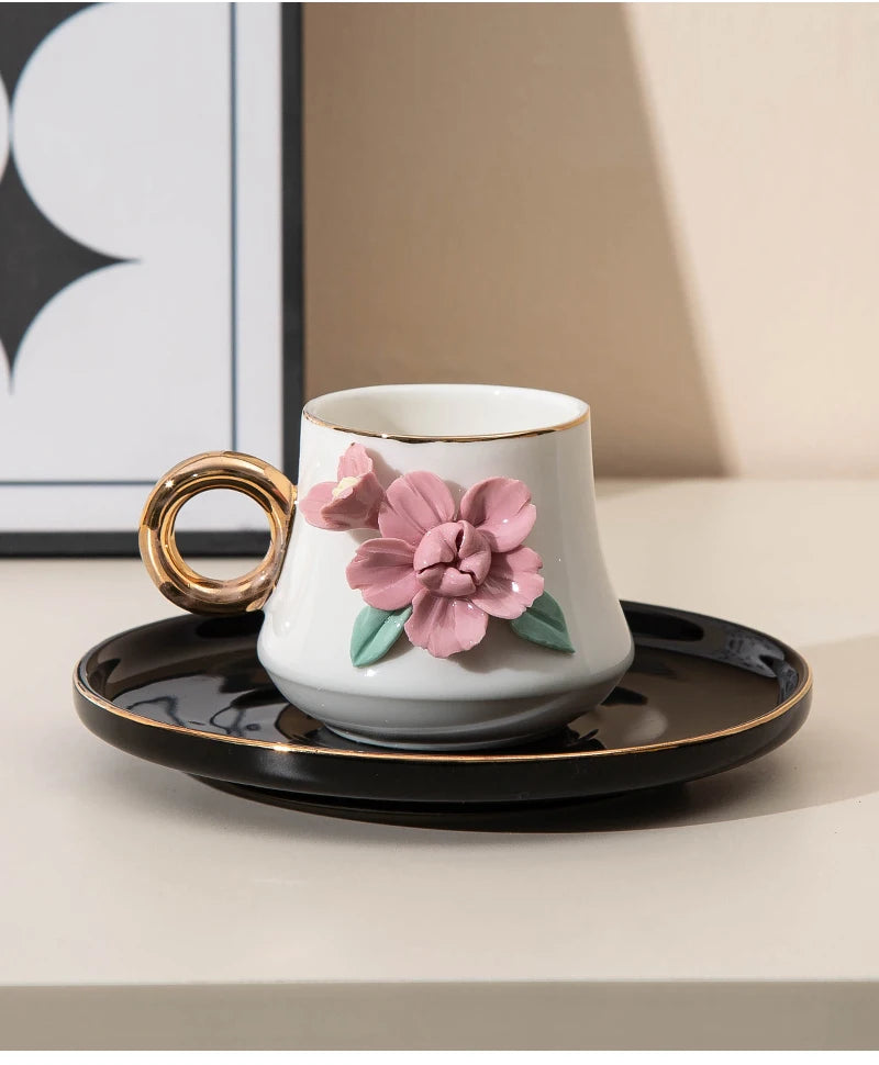 120ml Ceramic Coffee Cup Saucer Set Hand Pinched Flowers with Hand and Dish Milk Tea Porcelain Drinkware Tableware Gift.