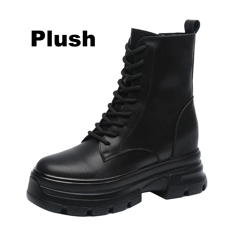 WOIZGIC Women Female Ladies Mother Genuine Leather Ankle Boots Shes Warm Autumn Winter Plush Zipper Motorcycle British Increase