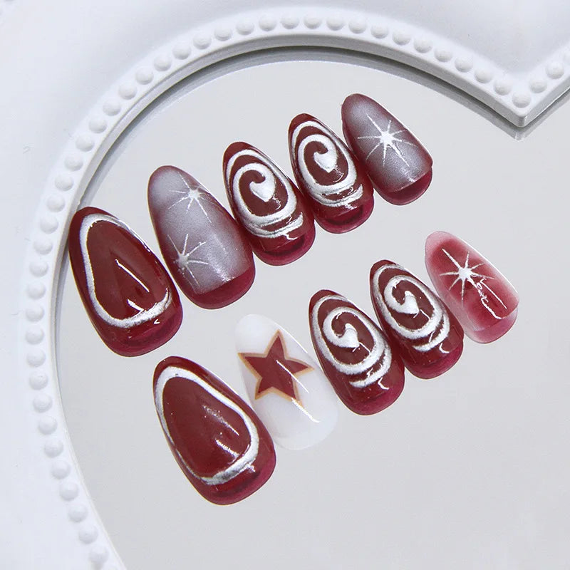 24pcs Red Star Print Fake Nails Sweet Cool Short Almond Press on Nail for Women Wearable Detachable Ins Spice Girl False Nails.