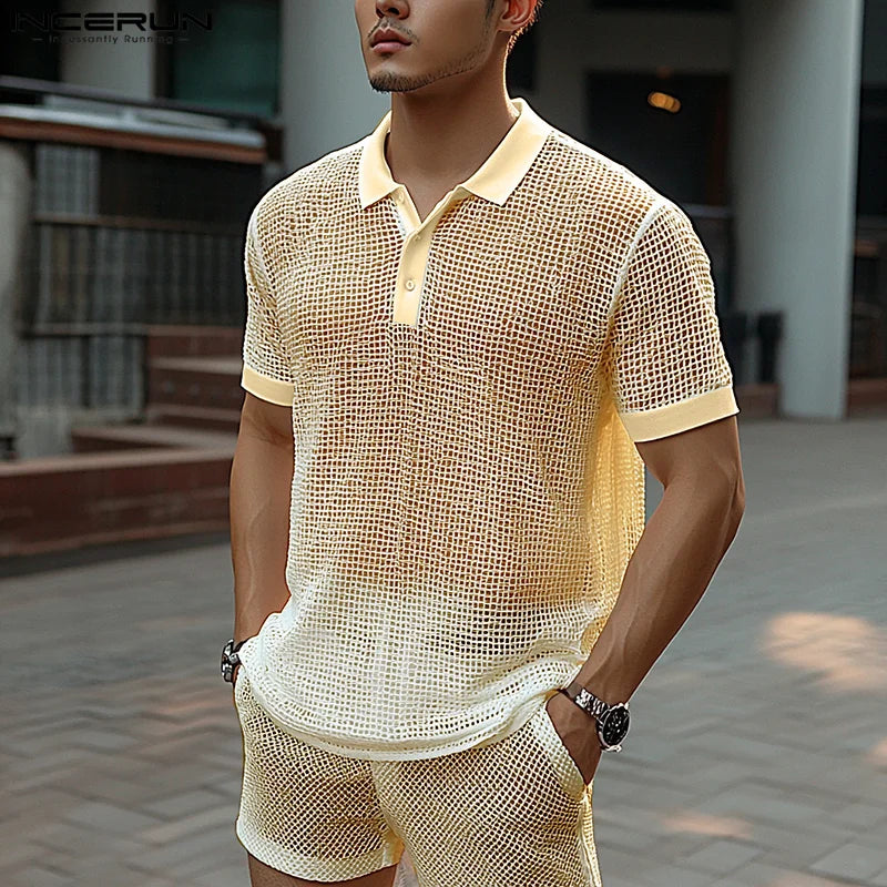 Men Short Sets Fashion Hollow Out INCERUN Two-piece Suits  Men's Sets Streetwear Short Sleeve Tops Shorts Men's Clothing Summer.