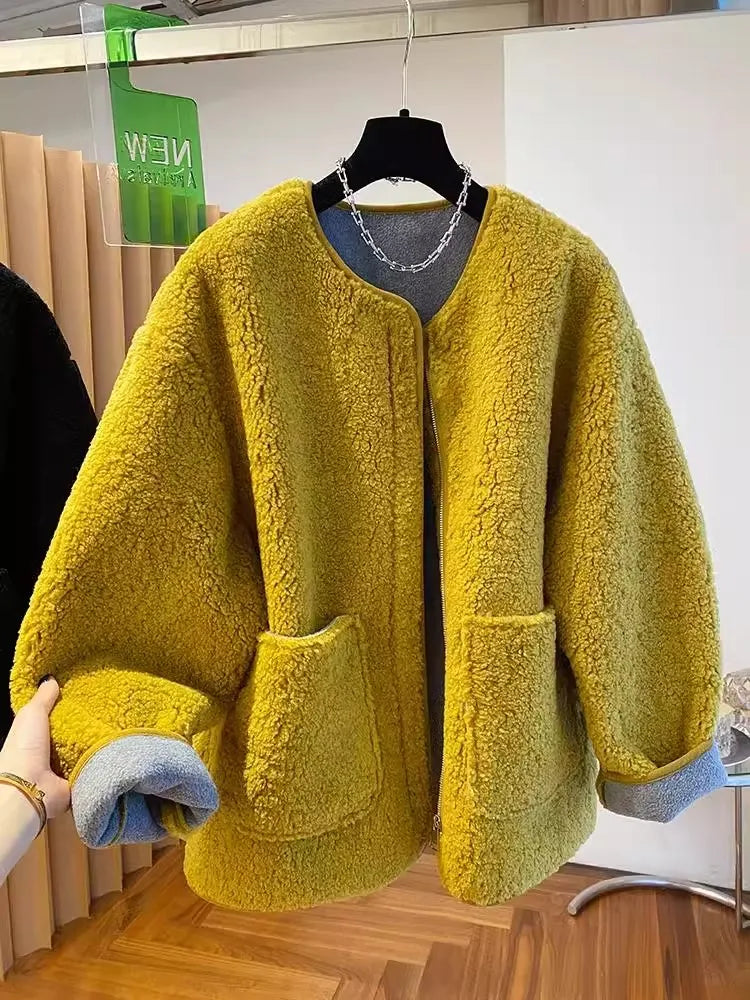 Hochwertige Lammwolljacke für Damen, lockerer warmer Samtmantel, 2025, neuer Frühling und Herbst, große Taschen, modische Oberbekleidung, M-3XL.