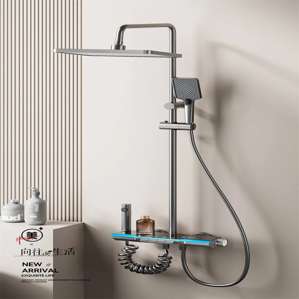 Space aluminum digital display atmosphere light shower shower set, 4-speed turbocharged bathroom shower