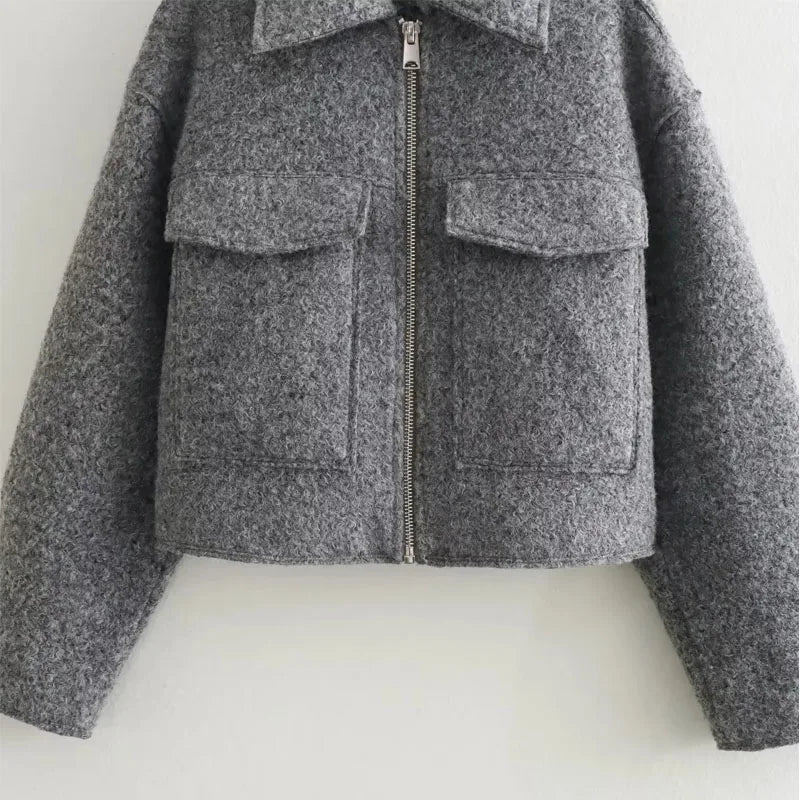 MUJER Kurze Tweed-Jacken für Damen, Herbst-Winter-Kurzmanteljacke, Damen-Reißverschluss-Crop-Jacke für die Halbsaison, Damen, neu in Oberbekleidung.