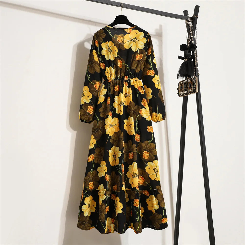 Women Floral Printed Maxi Dresses Spring Summer Casual O Neck Full Sleeve High Waist A Line Boho Beach Party Long Dress Vestidos.