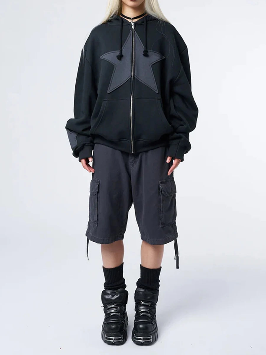 Y2K Vintage Star Print Hooded Hoodie for Women Casual Loose Long Sleeve Zip Up Drawstring Sweatshirts Autumn Spring Coat Street.