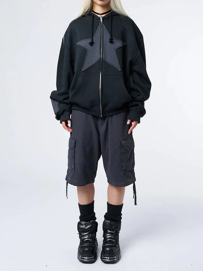 Y2K Vintage Star Print Hooded Hoodie for Women Casual Loose Long Sleeve Zip Up Drawstring Sweatshirts Autumn Spring Coat Street.