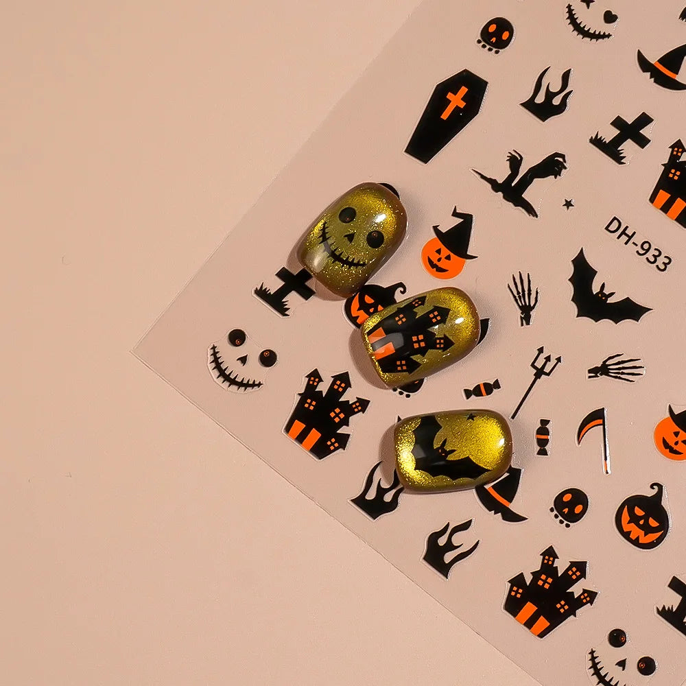 1/5pcs Demon Pumpkin Bat Skull Nail Art Stickers Halloween Dark Style Nail Stickers DIY Self Adhesive Manicure Decoration Decals.
