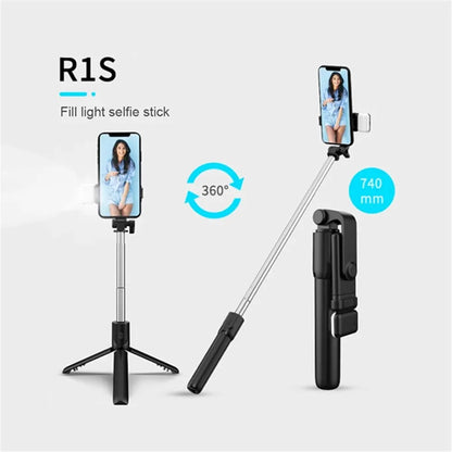 Portable Bluetooth Selfie Stick Tripod Holder with Remote Shutter Fill Light Extendable Wireless Remote Retractable Phone Stand.