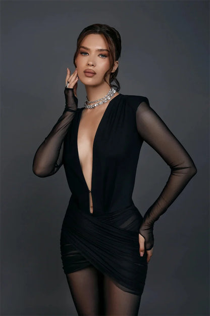 Mozision Deep V Neck Long Sleeve Sexy Jumpsuits Women Autumn Winter Patchwork See Through Ruched Club Party Jumpsuit Female.